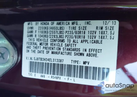 2014 Acura Rdx z USA, uszkodzony, nr VIN 5J8TB3H34EL013087